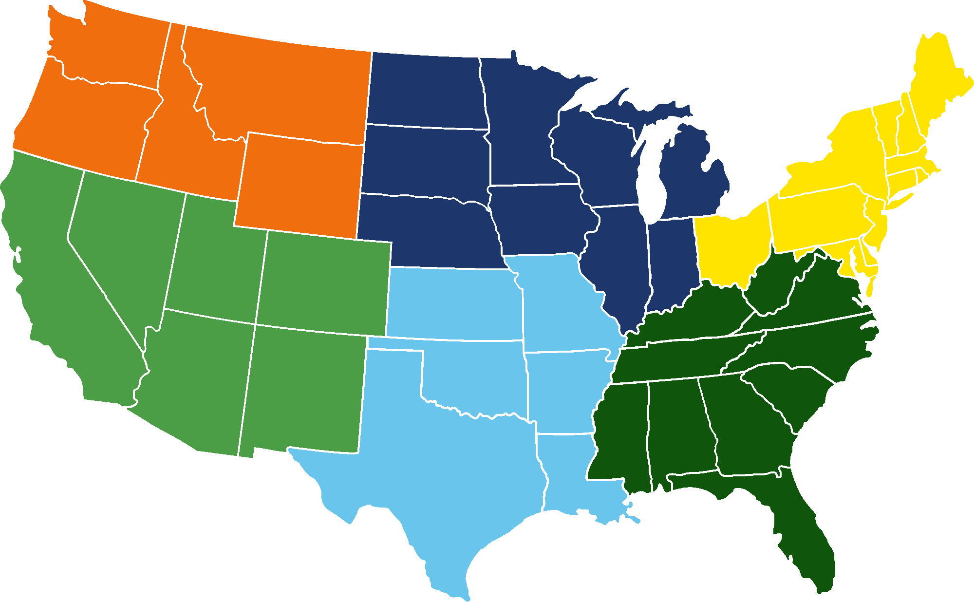 Service Map for Clear Air Enviro-services. There are six sections of the contiguous united states color coded for each region.